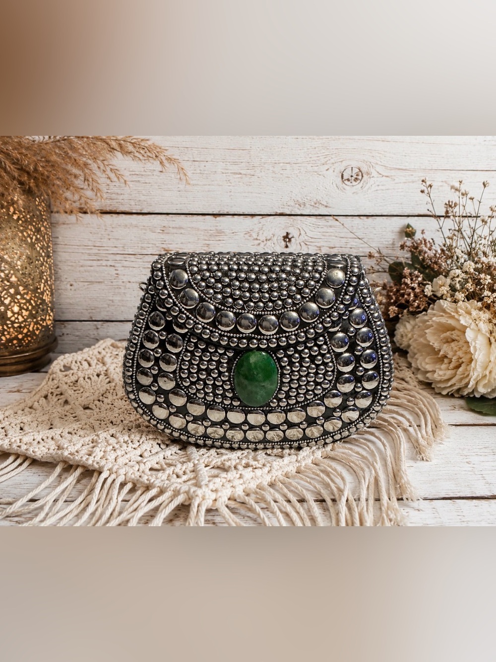 RAMLA Porte Moi Mosaic Moroccan Crossbody Clutch Silver Studded Green Stone NIP - Picture 4 of 11
